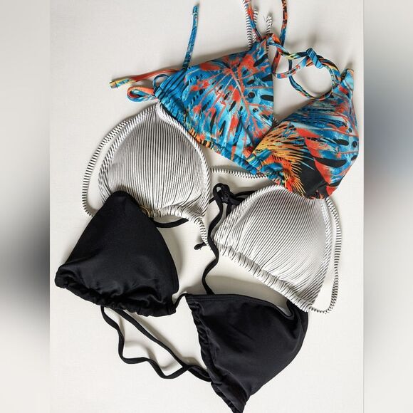 Bikini Top Bundle (3) Size Large Black White Stripe Tropical Print Size Large - Picture 1 of 8